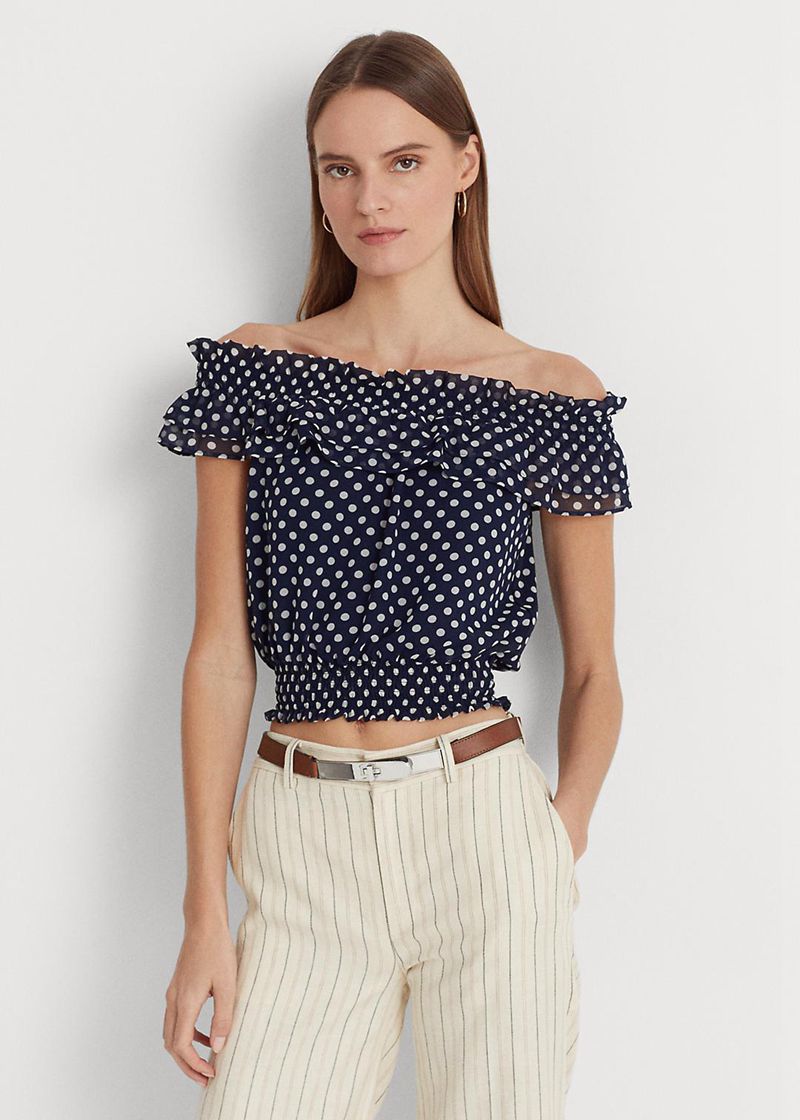 Top Lauren Mujer Polka-Dot Off-The-Shoulder Blouse Chile Azul Marino NDTRU-9615